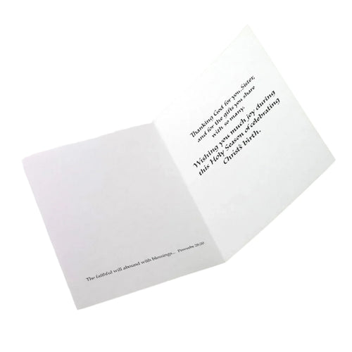 Inside view of religious Christmas card for sisters with gratitude message and Proverbs 28:20 Scripture verse