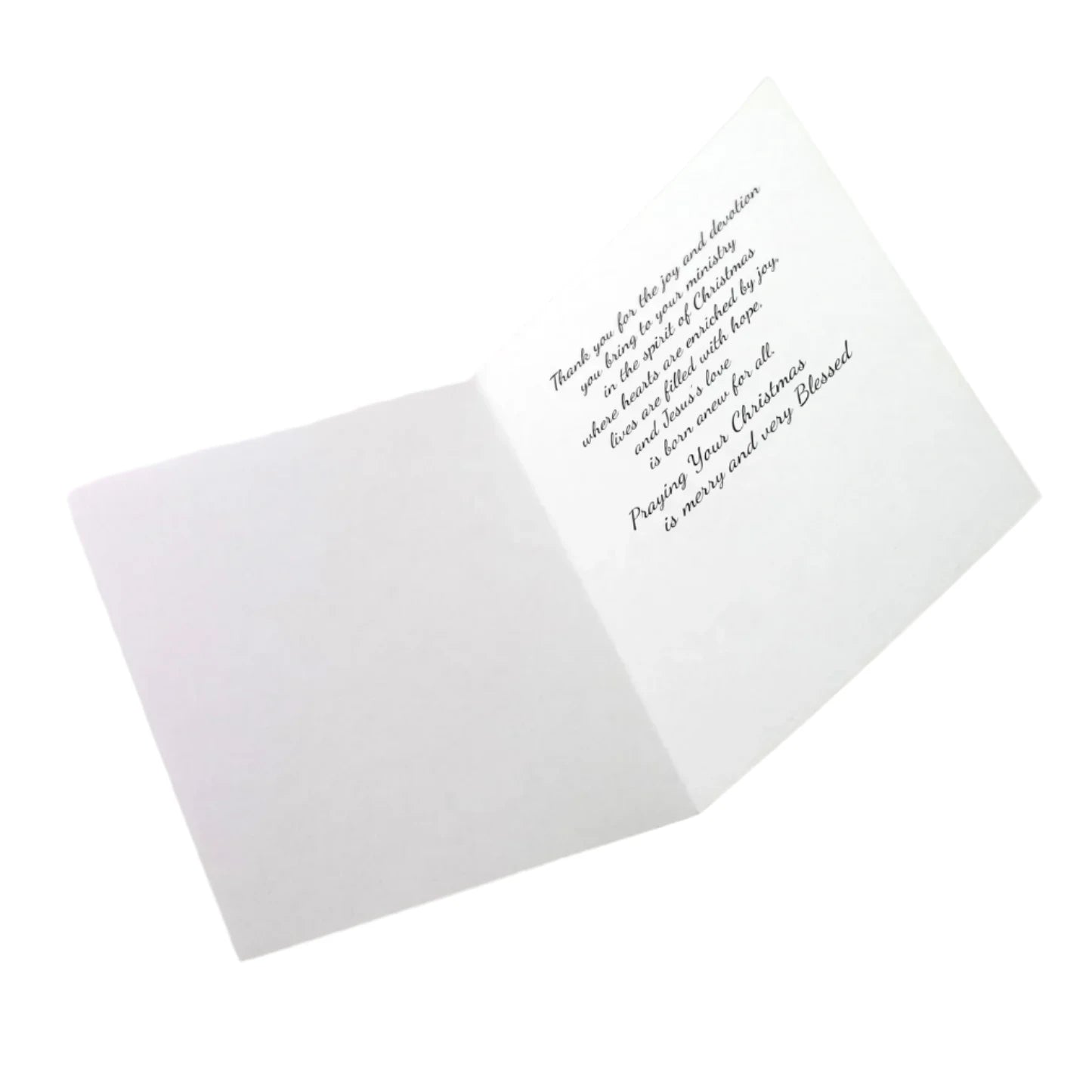 Open "Thanks for Service to Church" card showing inside message appreciating ministry and Christmas devotion