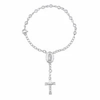 Rhodium plated brass rosary bracelet featuring oval Our Lady of Guadalupe medallion and dangling cross on chain links