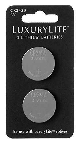 Set of 2 LuxuryLite CR2450 3V lithium batteries on black card, designed for use with LuxuryLite votives