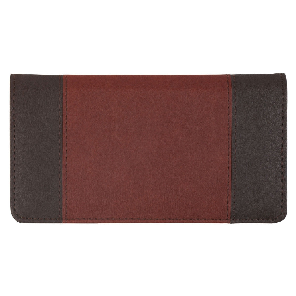 Walnut brown and brick-red faux leather checkbook wallet with stitched edges and rectangular design