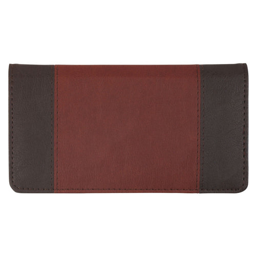 Walnut brown and brick-red faux leather checkbook wallet with stitched edges and rectangular design