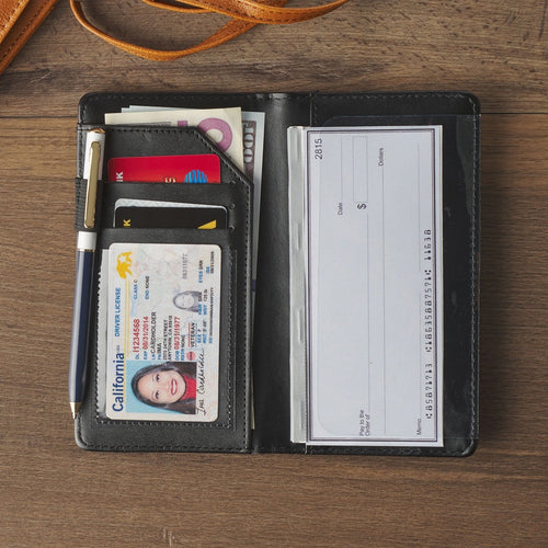 Walnut brown and brick-red faux leather checkbook wallet with card slots, clear ID window, pen holder, and check pocket