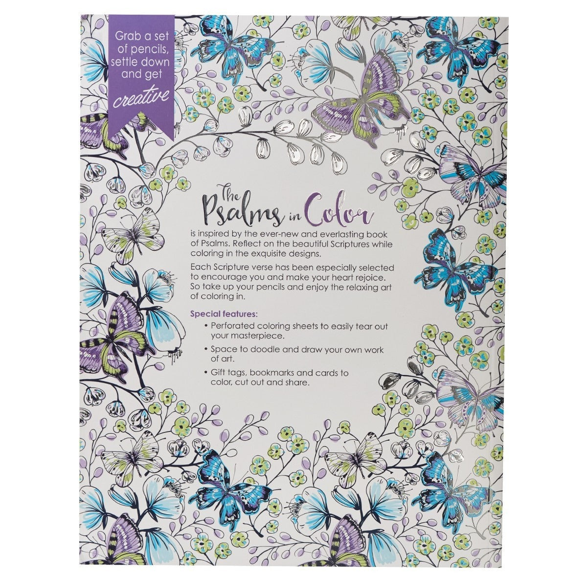 Back cover of The Psalms in Color Coloring Book featuring butterflies, floral designs, and descriptive text about the book