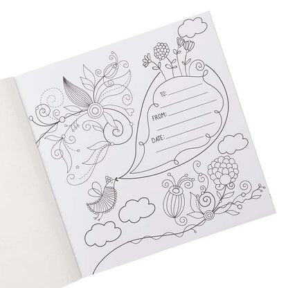 Open page of Be Still & Know adult coloring book with floral, butterfly designs and gift tag to/from/date lines