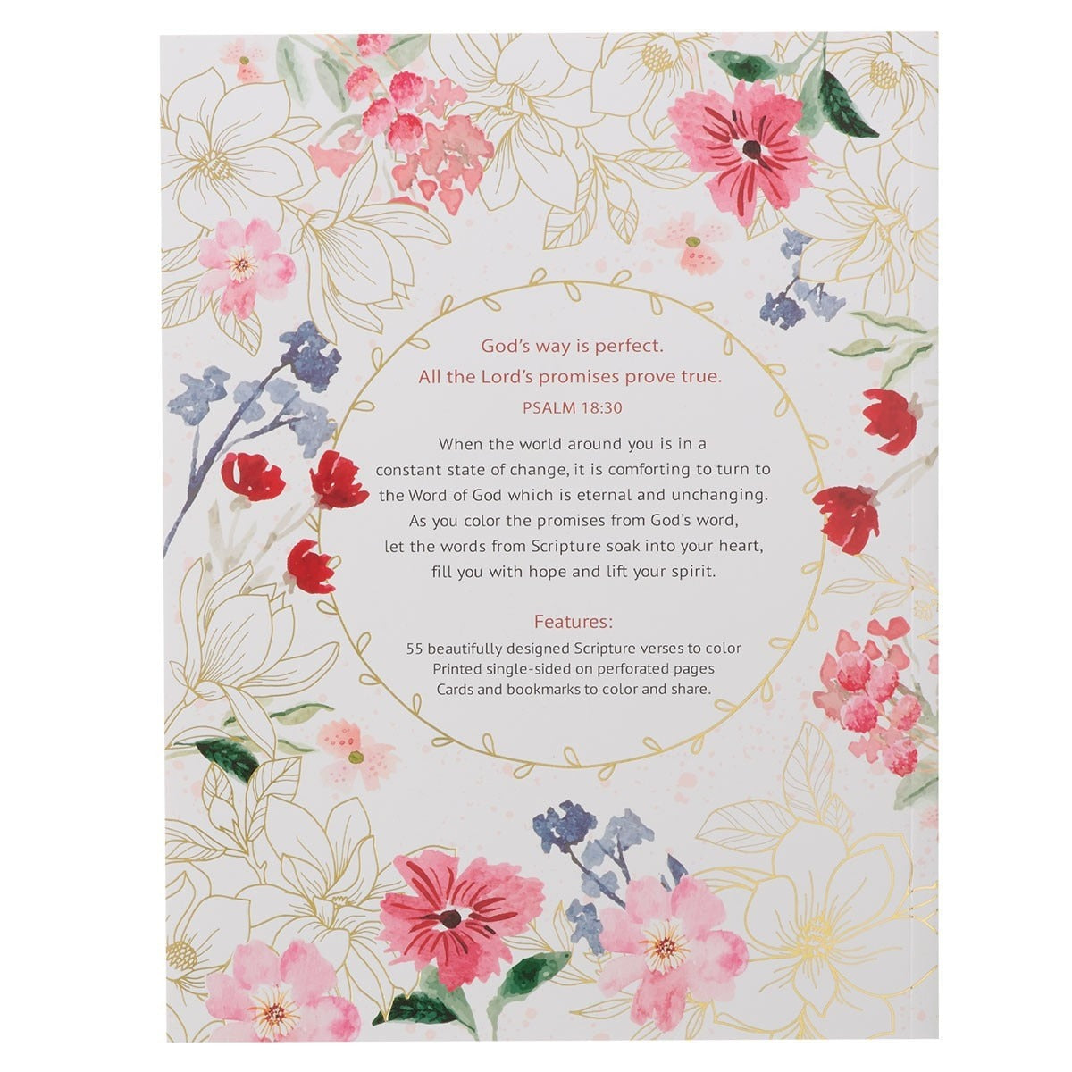 Color the Promises of God Coloring Book back cover with floral border and scripture verse Psalm 18:30 text