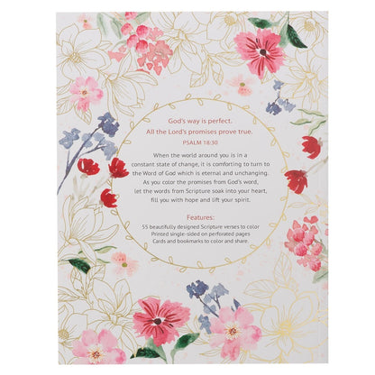 Color the Promises of God Coloring Book back cover with floral border and scripture verse Psalm 18:30 text
