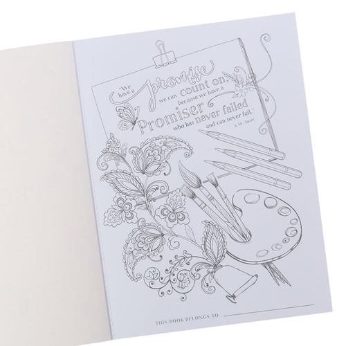 Color the Promises of God coloring book page featuring floral designs, paintbrushes, palette, pencils, and inspirational scripture text