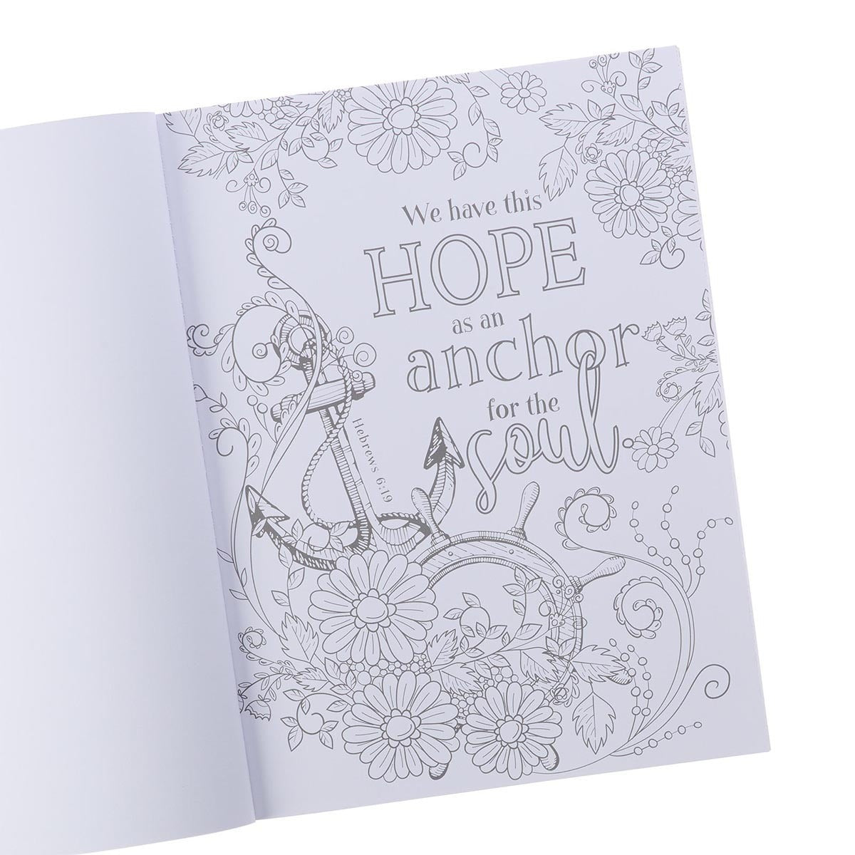 Open page of Color the Promises of God coloring book with floral designs and inspirational scripture about hope and soul anchor