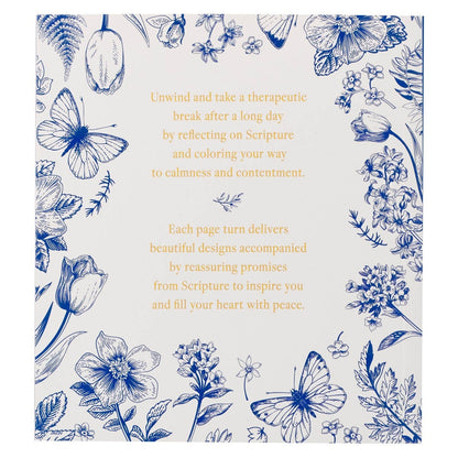 Back cover of blue floral coloring book with inspirational Scripture promises and delicate butterfly and flower illustrations