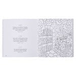 7 1/2" x 10" open "365 Promises from God's Word in Color Blue Floral Coloring Book" with scripture and floral garden illustration on right page