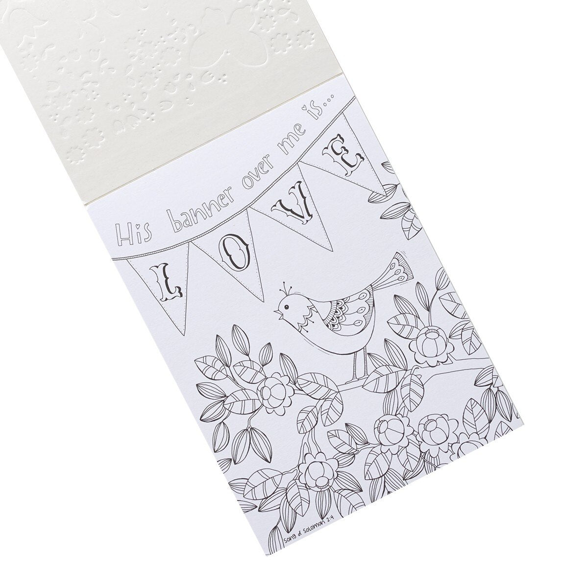 Be Still and Know Coloring Card featuring bird, floral design, and "His banner over me is Love" scripture banner line art