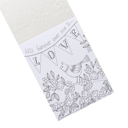 Be Still and Know Coloring Card featuring bird, floral design, and "His banner over me is Love" scripture banner line art