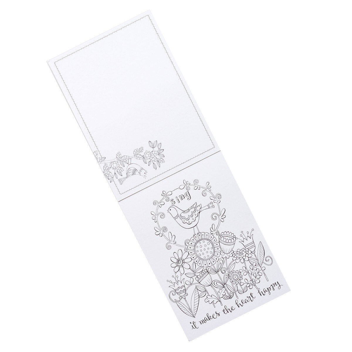 Open Be Still and Know coloring card by Karla Dornacher featuring floral and bird design with "It makes the heart happy" text