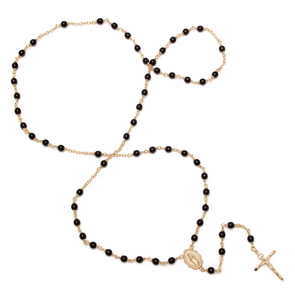 26" yellow gold plated rosary necklace with black beads featuring Our Lady of Guadalupe medallion and crucifix pendant