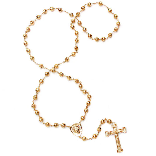 Yellow gold plated rosary necklace with 6mm beads, Holy Face centerpiece, and detailed crucifix on white background