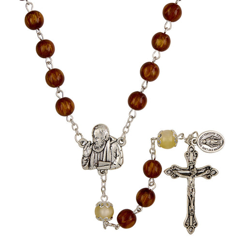 Canticle of the Sun Padre Pio Miraculous Rosary with amber beads, detailed silver centerpiece, and crucifix charm