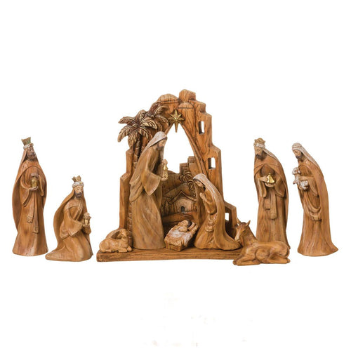 Carved Nativity with Scene Backdrop Faux Wood Grain 12" 10 Piece