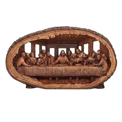 14.5" carved Last Supper statue inside log base with detailed figures and rustic tabletop design