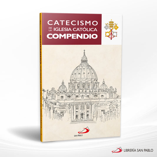 Catecismo de la Iglesia Católica Compendio book with Vatican illustration and papal emblem on white background