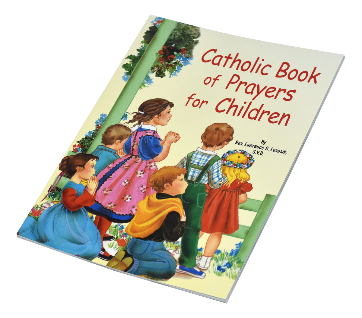 Catholic Book of Prayers for Children with vintage illustration of kids praying by a garden fence on cover