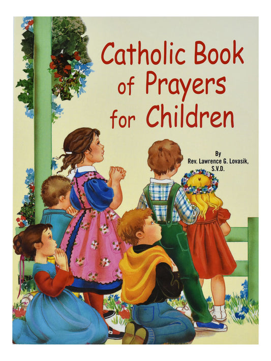Catholic Book of Prayers for Children cover with illustrated kids praying outdoors in colorful clothing and floral accents