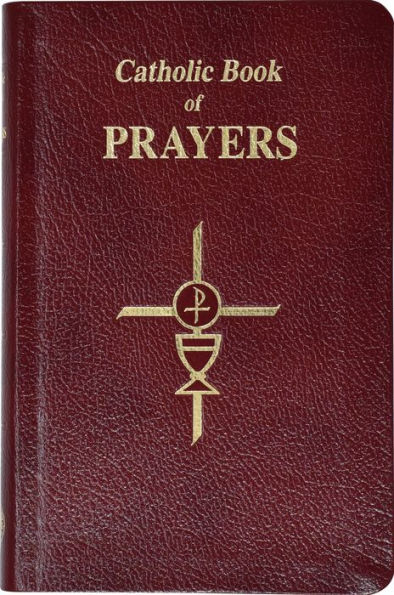 Catholic Book of Prayers large print edition with burgundy leather cover and gold religious cross emblem