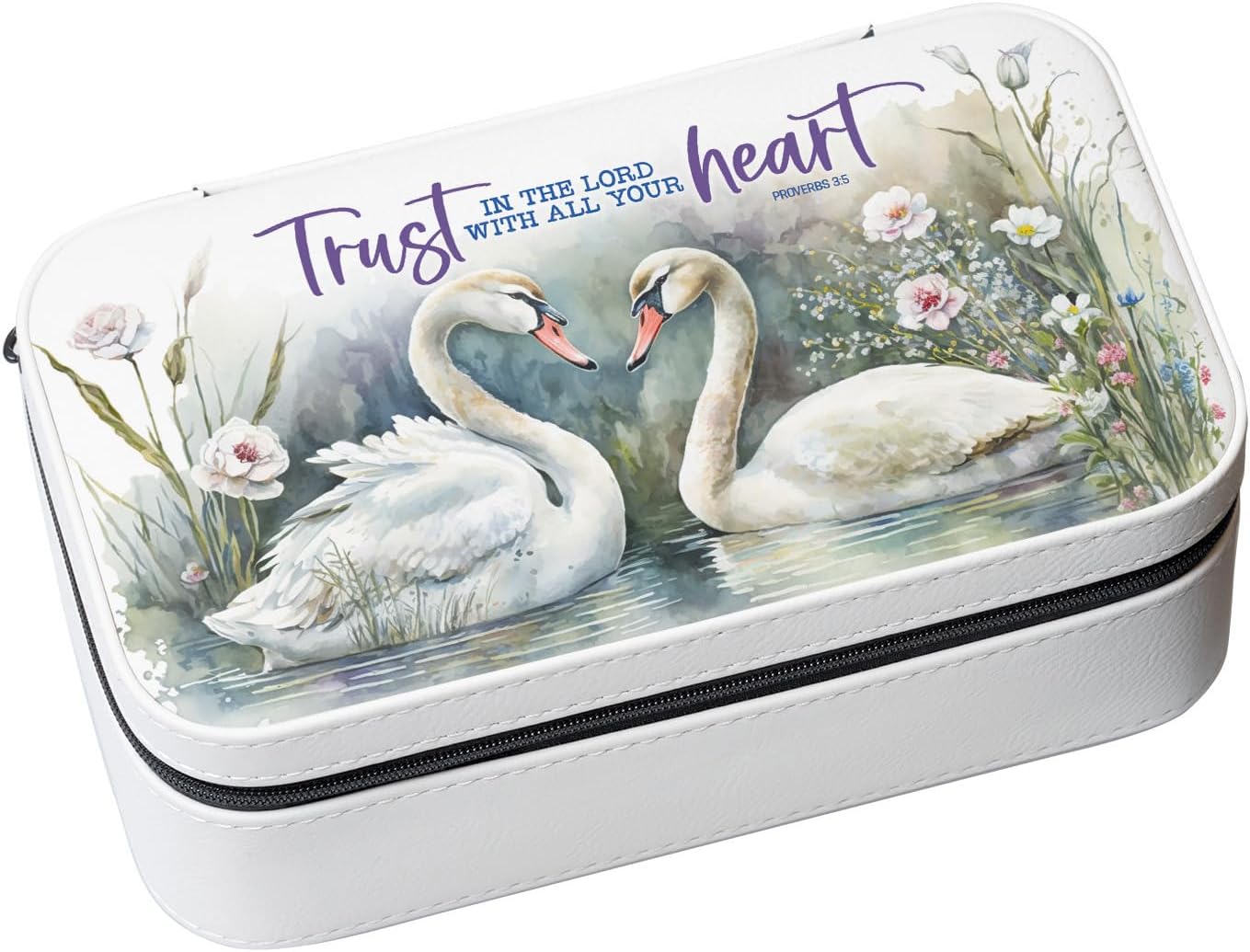 Trust In The Lord Jewelry Box with swan artwork, floral accents, scripture verse, and white zippered exterior, 4x7 inches.