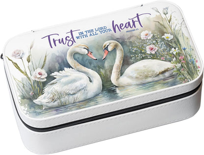 Trust In The Lord Jewelry Box with swan artwork, floral accents, scripture verse, and white zippered exterior, 4x7 inches.