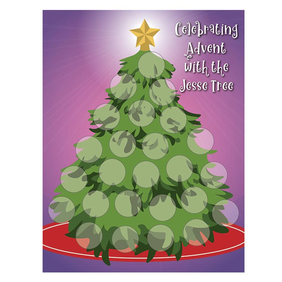 Celebrating Advent with the Jesse Tree activity card featuring a decorated tree and interactive sticker circles