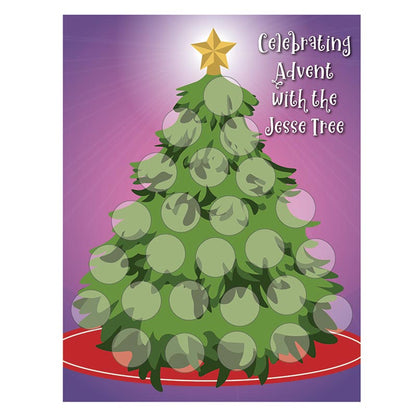 Celebrating Advent with the Jesse Tree activity card featuring a decorated tree and interactive sticker circles