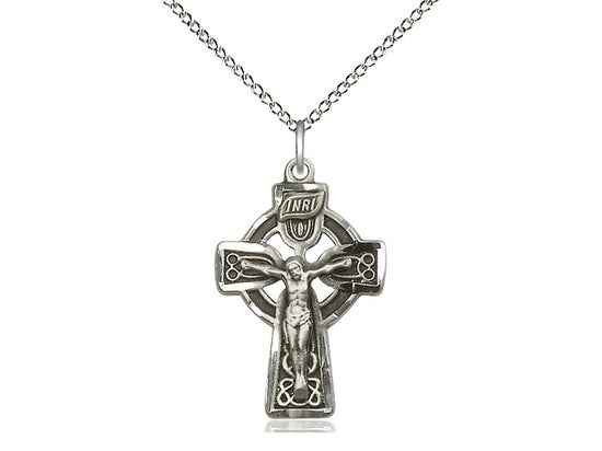 Sterling silver Celtic crucifix pendant with detailed crucifixion design on 18-inch light curb chain.