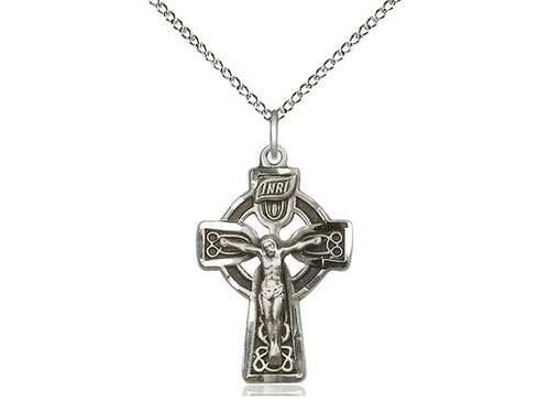 Sterling silver Celtic crucifix pendant with detailed crucifixion design on 18-inch light curb chain.