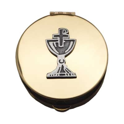 Round brass pyx with silver crucifix crown emblem on hinged lid for discreet Eucharist carrying, 1 1/2 inch size