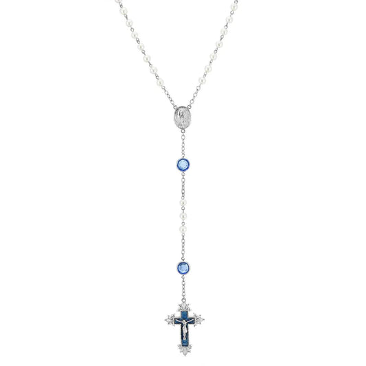 Channel crystal rosary with faux pearl beads, blue hand enamel cross, and silver-tone chain links design
