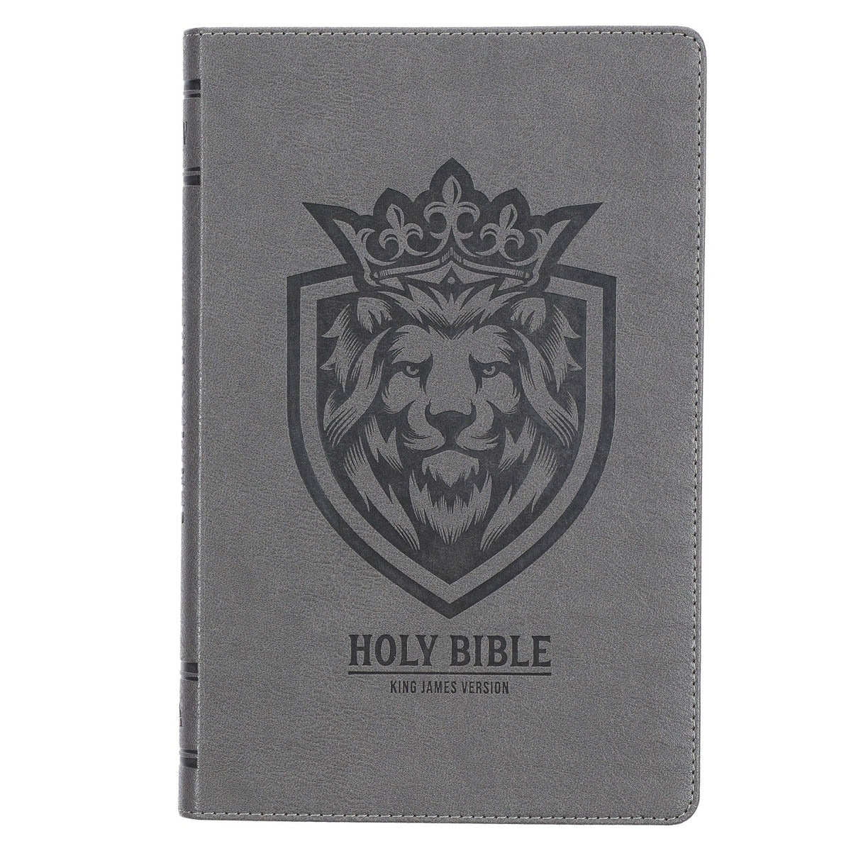 Charcoal faux leather King James Version Bible with embossed crowned lion face design and modern shield motif on cover