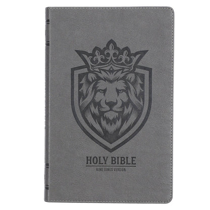 Charcoal faux leather King James Version Bible with embossed crowned lion face design and modern shield motif on cover