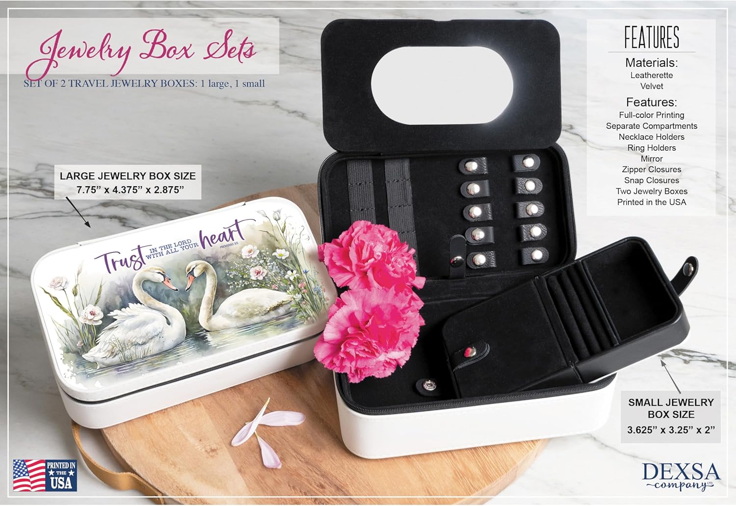 Trust In The Lord Jewelry Box set with velvet interior, two sizes, ring holders, zipper closures, and floral swan design