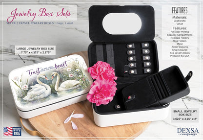 Trust In The Lord Jewelry Box set with velvet interior, two sizes, ring holders, zipper closures, and floral swan design