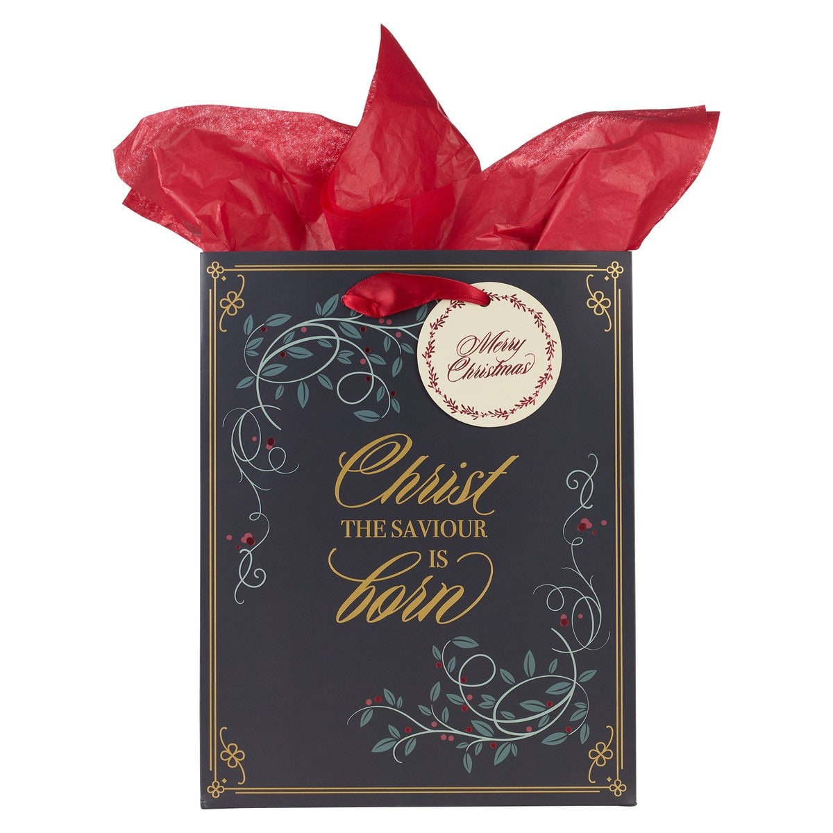 Medium black Christmas gift bag with gold-foiled "Christ is born" text, red tissue, and decorative foliage design