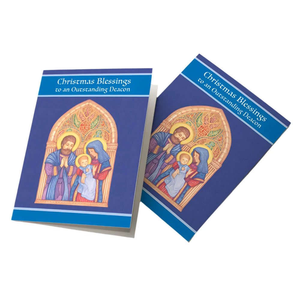 Set of two Christmas cards for an outstanding deacon featuring a nativity scene and festive blue design.