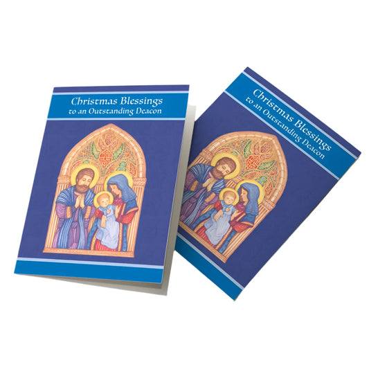 Set of two Christmas cards for an outstanding deacon featuring a nativity scene and festive blue design.