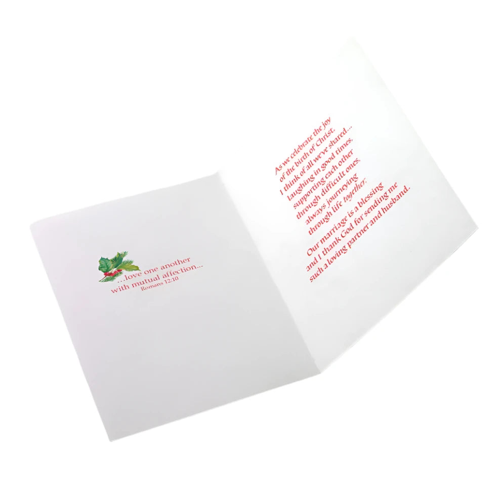 Christmas card for husband with holly illustration and heartfelt scripture text inside expressing love and gratitude at Christmas