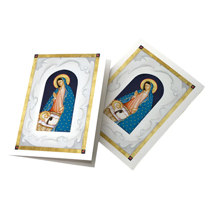 Roses in December Icon Greeting Card featuring the Virgin Mary and baby Jesus with gold and blue detailing, 4 3/8" x 5 15/16