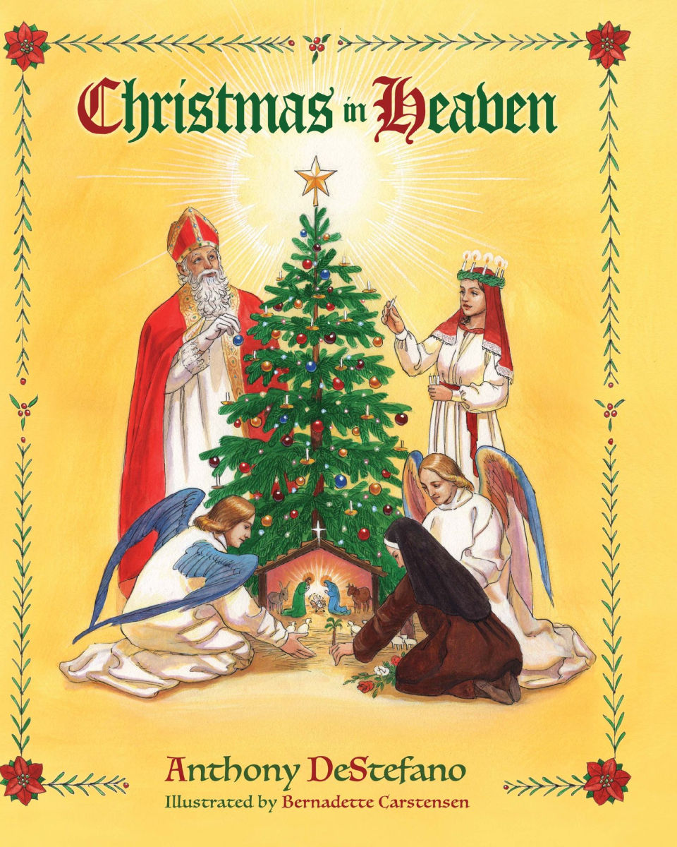 Christmas in Heaven book cover with angels, a Christmas tree, and religious figures in a warm yellow background design