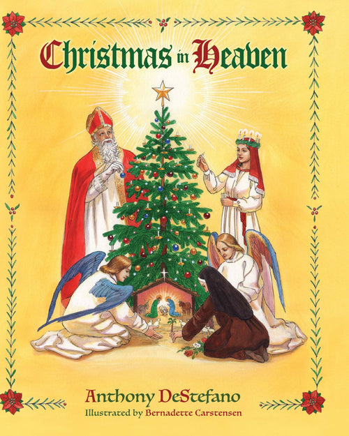 Christmas in Heaven book cover with angels, a Christmas tree, and religious figures in a warm yellow background design