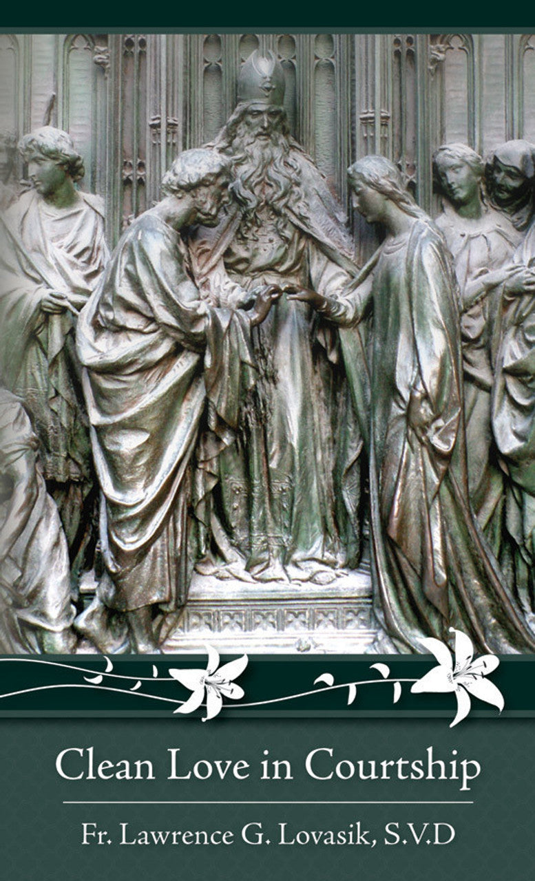 Relief sculpture of biblical figures in robes with bishop in center, above text “Clean Love in Courtship” booklet cover design