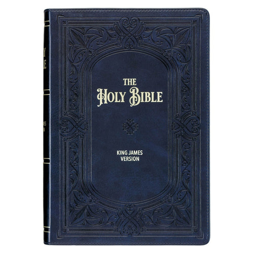 New midnight blue faux leather King James Version Bible with embossed Art Nouveau frame and gold foil title on cover