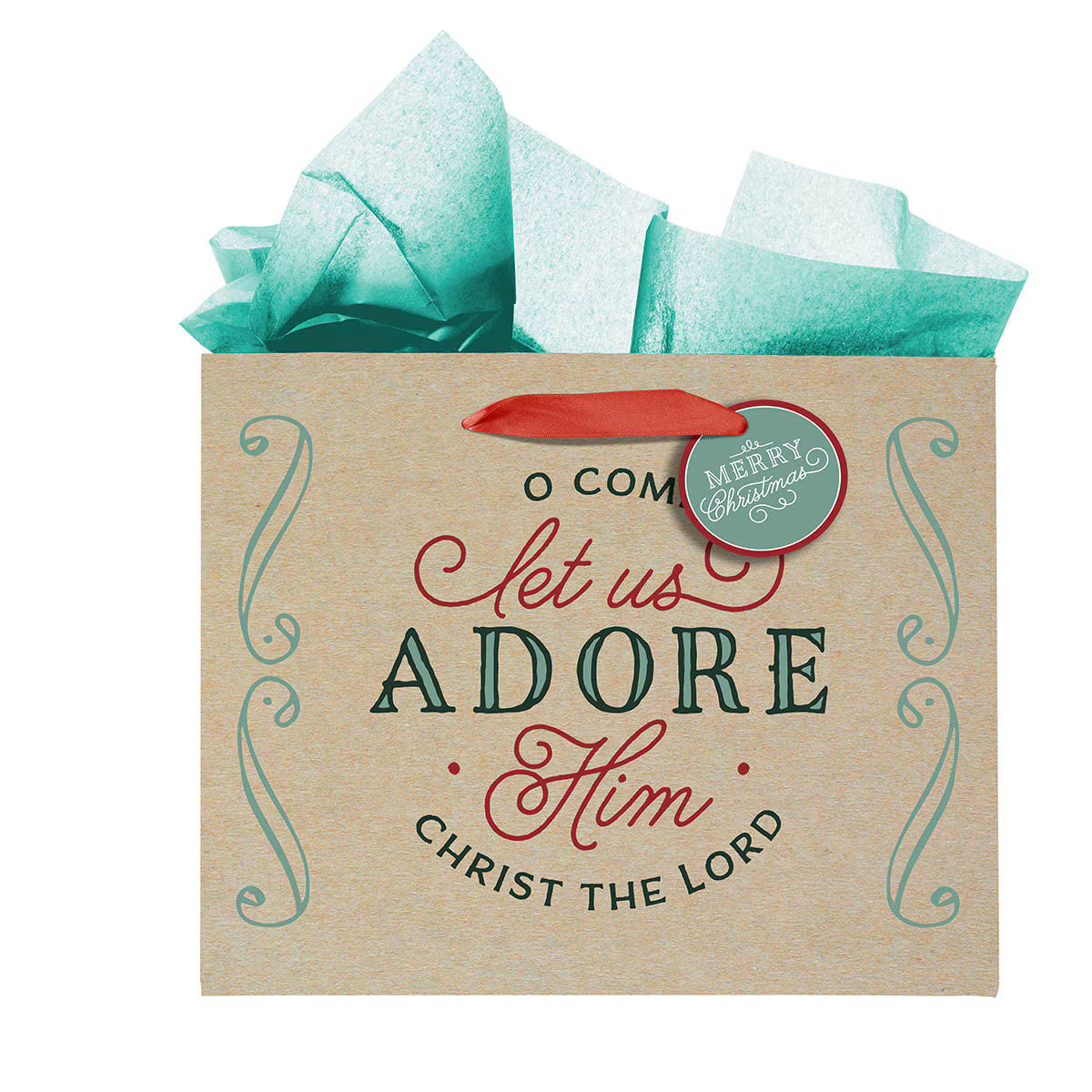 Large landscape Christmas gift bag with "Come Let Us Adore Him Christ the Lord" text and red ribbon handle with tissue paper