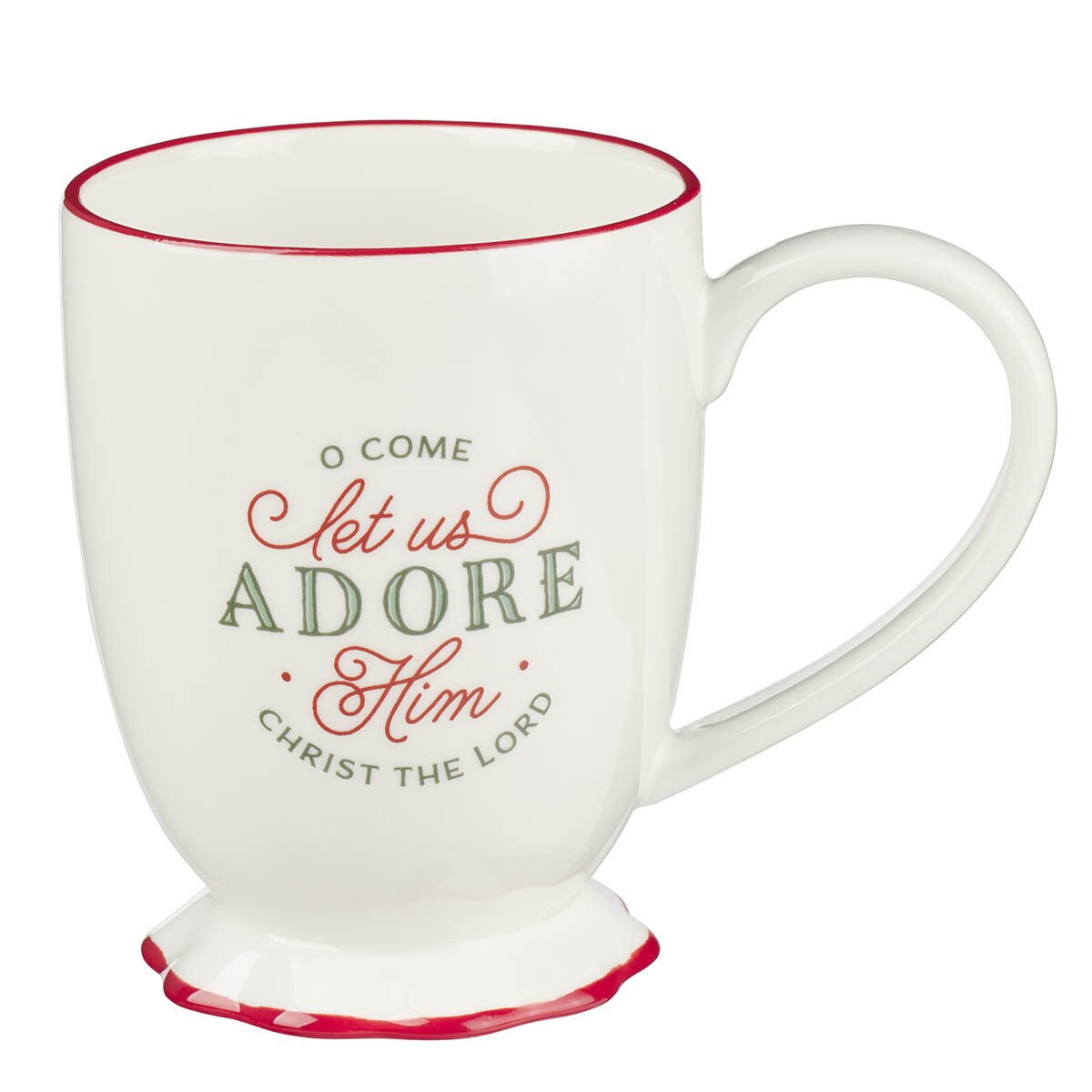 White ceramic coffee mug with red rim and base featuring "O come let us adore Him Christ the Lord" text